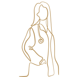 Gold line drawing of a person with a stethoscope on a white background