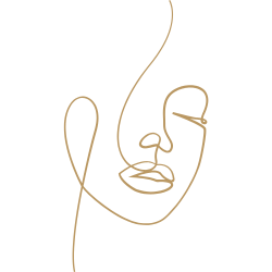 Gold line art of a face on a white background